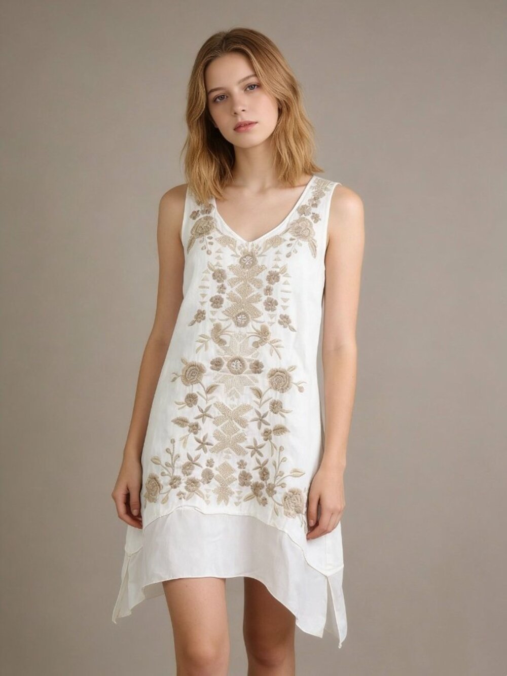 NWOT Johnny Was Linen Tunic Dress Floral Embroidered V-Neck Sleeveless Size S